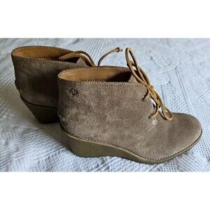 Sperry Stella Prow Wedge Ankle Booties Suede Taupe Lace Up Women's 8 M  NEW